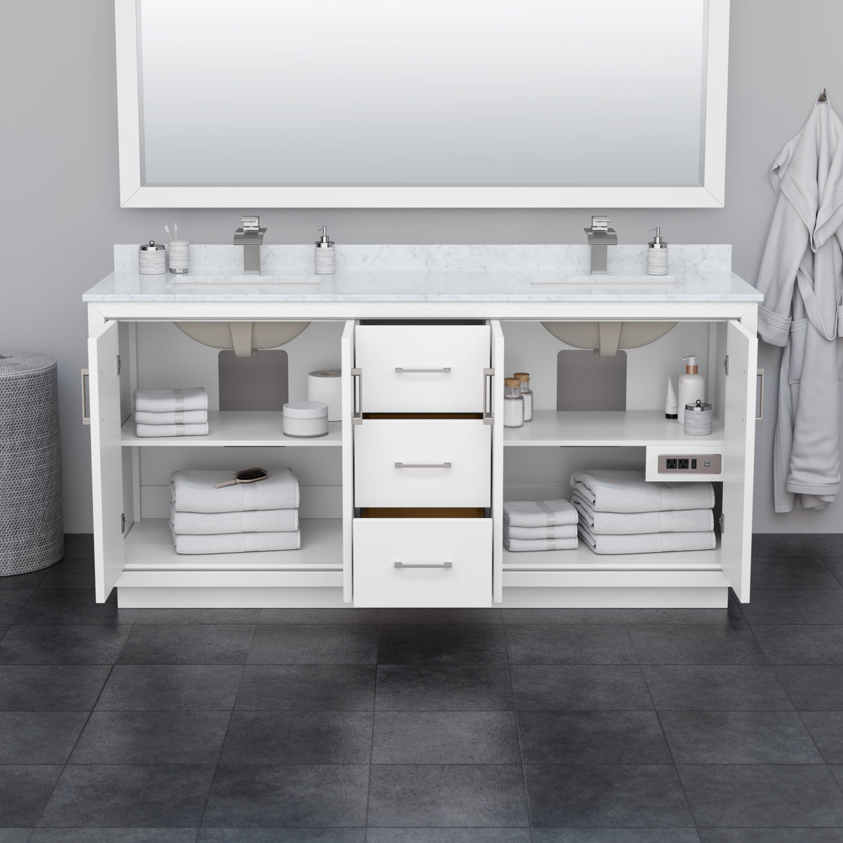 Icon 72 Inch Double Bathroom Vanity in White White Cultured Marble Countertop Undermount Square Sinks Satin Bronze Trim 70 Inch Mirror