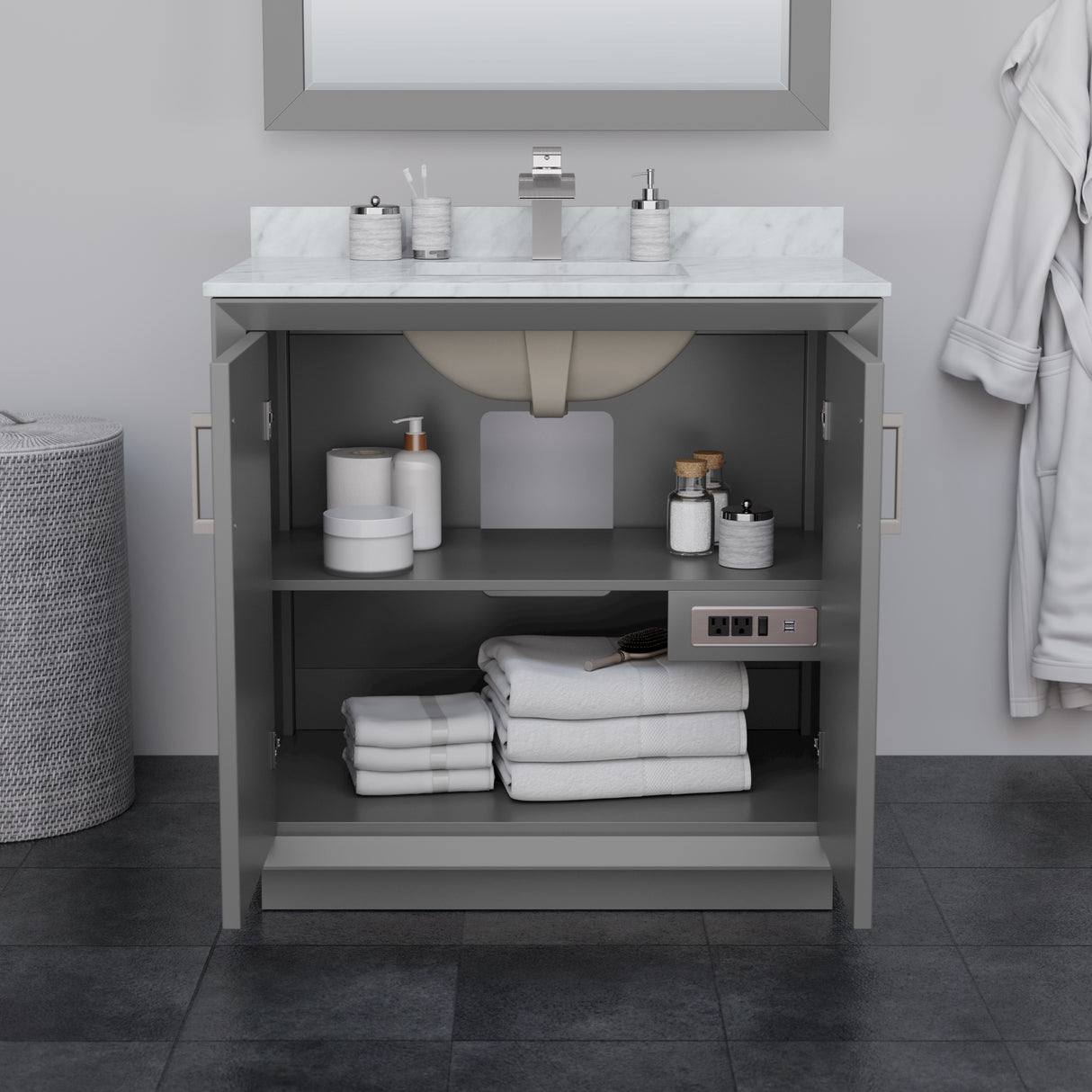 Strada 36 Inch Single Bathroom Vanity in Dark Gray White Carrara Marble Countertop Undermount Square Sink Matte Black Trim 34 Inch Mirror