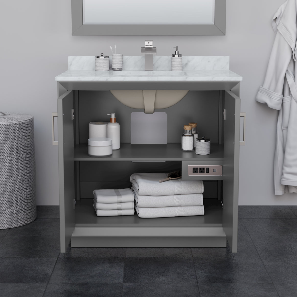 Strada 36 Inch Single Bathroom Vanity in Dark Gray No Countertop No Sink Satin Bronze Trim 34 Inch Mirror