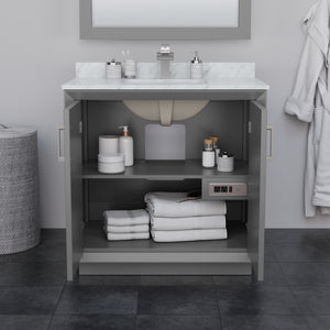 Strada 36 Inch Single Bathroom Vanity in Dark Gray Carrara Cultured Marble Countertop Undermount Square Sink Satin Bronze Trim 34 Inch Mirror