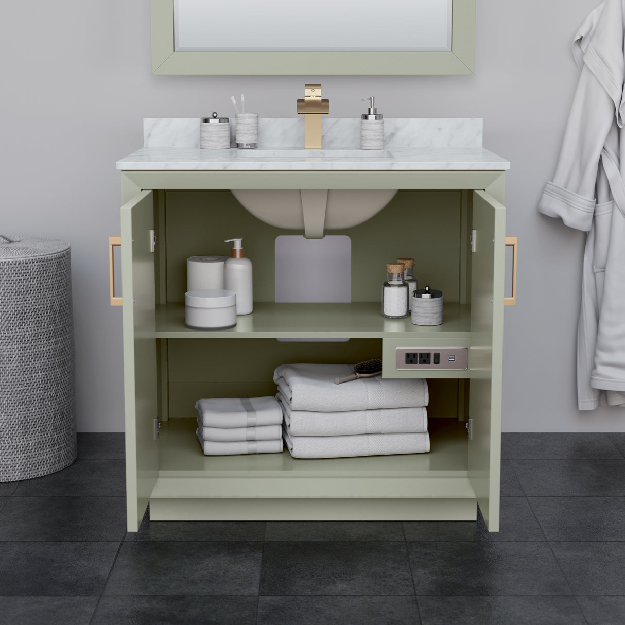 Strada 36 Inch Single Bathroom Vanity in Light Green White Cultured Marble Countertop Undermount Square Sink Matte Black Trim