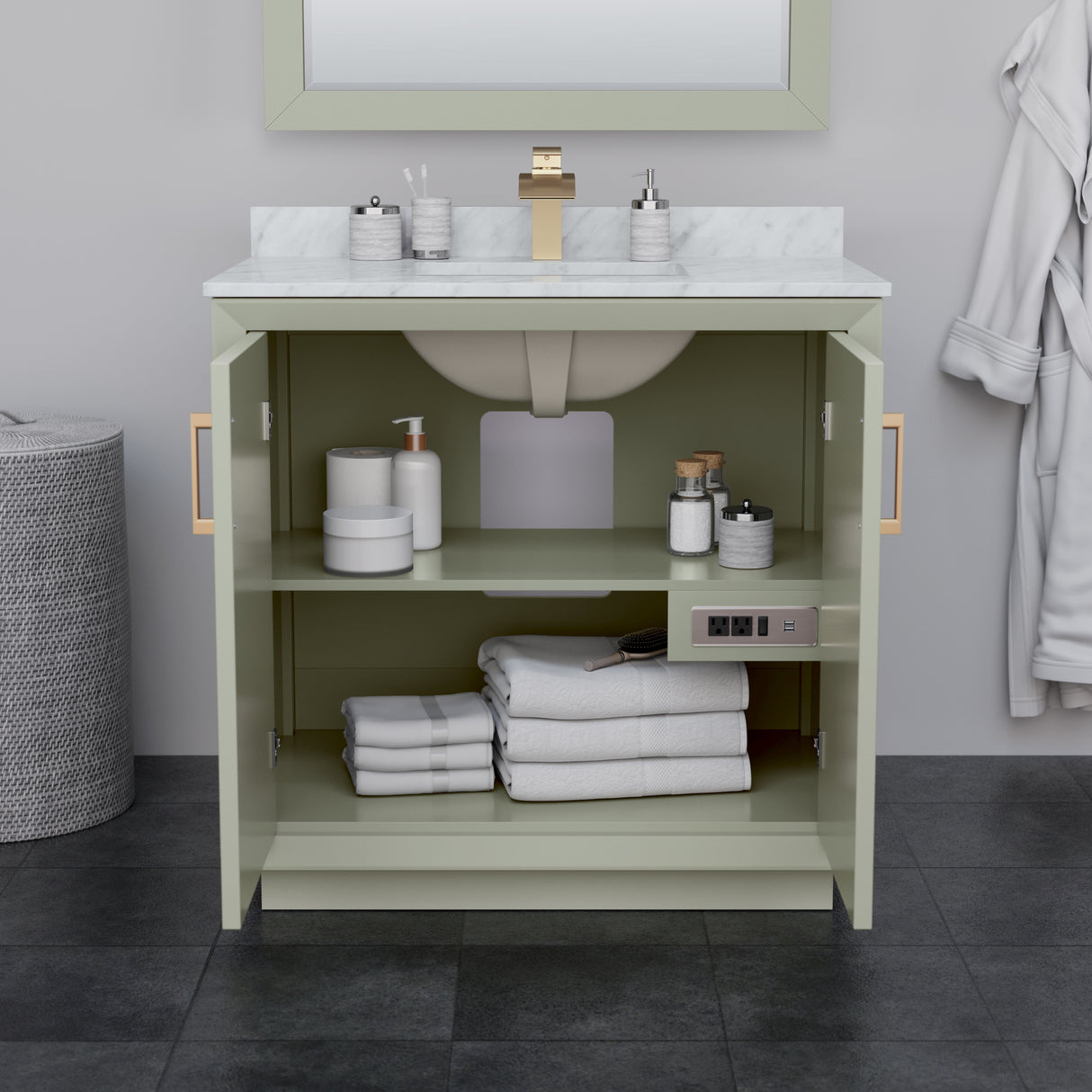 Strada 36 Inch Single Bathroom Vanity in Light Green White Cultured Marble Countertop Undermount Square Sink Satin Bronze Trim 34 Inch Mirror