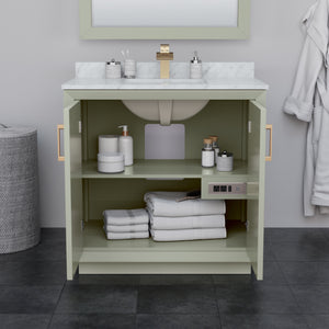 Strada 36 Inch Single Bathroom Vanity in Light Green White Cultured Marble Countertop Undermount Square Sink Satin Bronze Trim 34 Inch Mirror