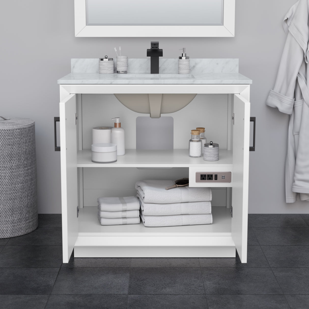 Strada 36 Inch Single Bathroom Vanity in White Carrara Cultured Marble Countertop Undermount Square Sink Matte Black Trim 34 Inch Mirror