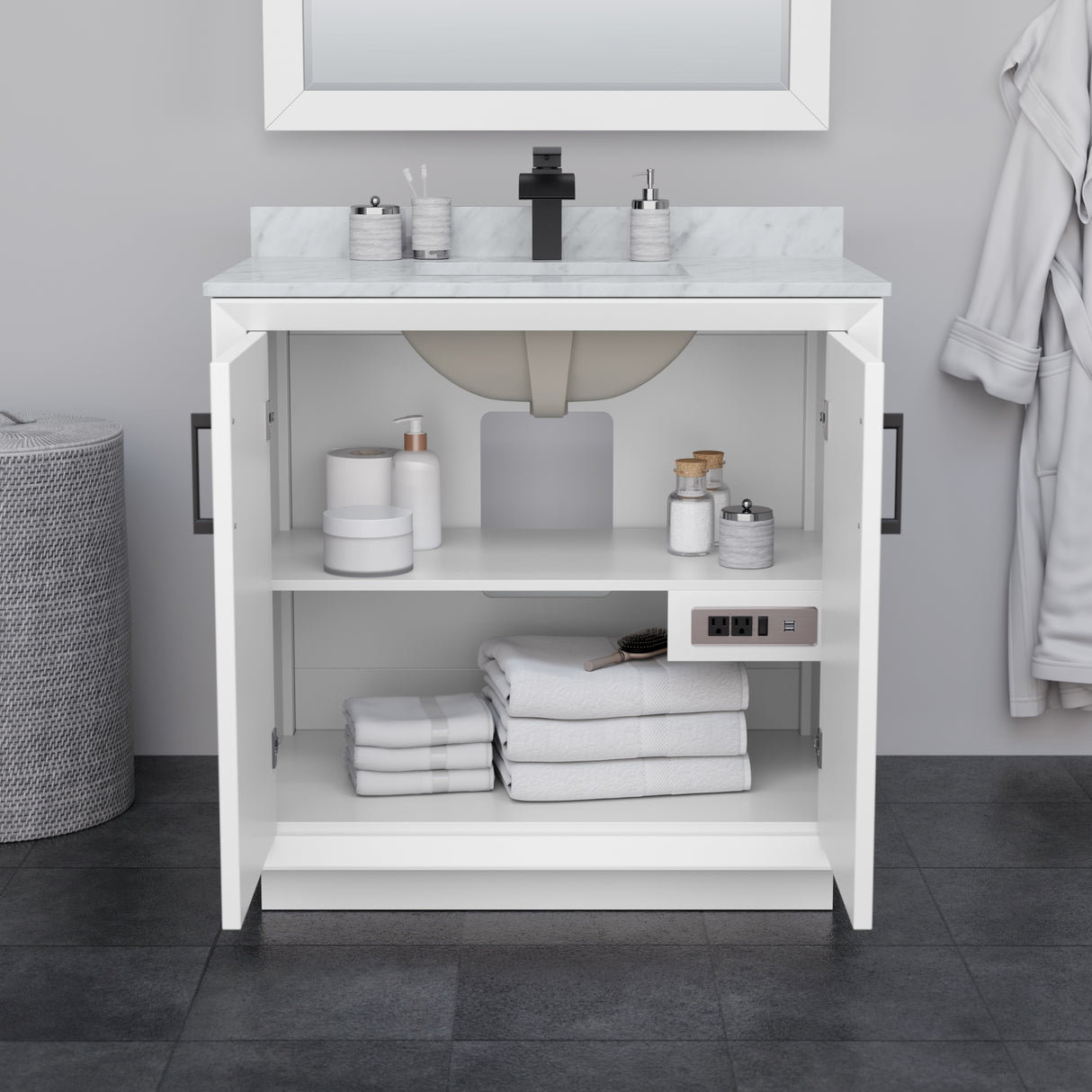 Strada 36 Inch Single Bathroom Vanity in White Carrara Cultured Marble Countertop Undermount Square Sink Matte Black Trim