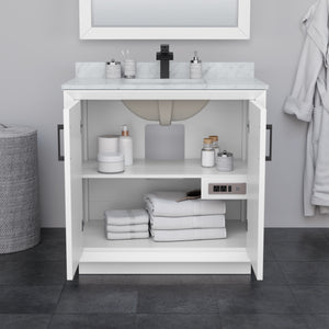 Strada 36 Inch Single Bathroom Vanity in White Carrara Cultured Marble Countertop Undermount Square Sink Satin Bronze Trim 34 Inch Mirror