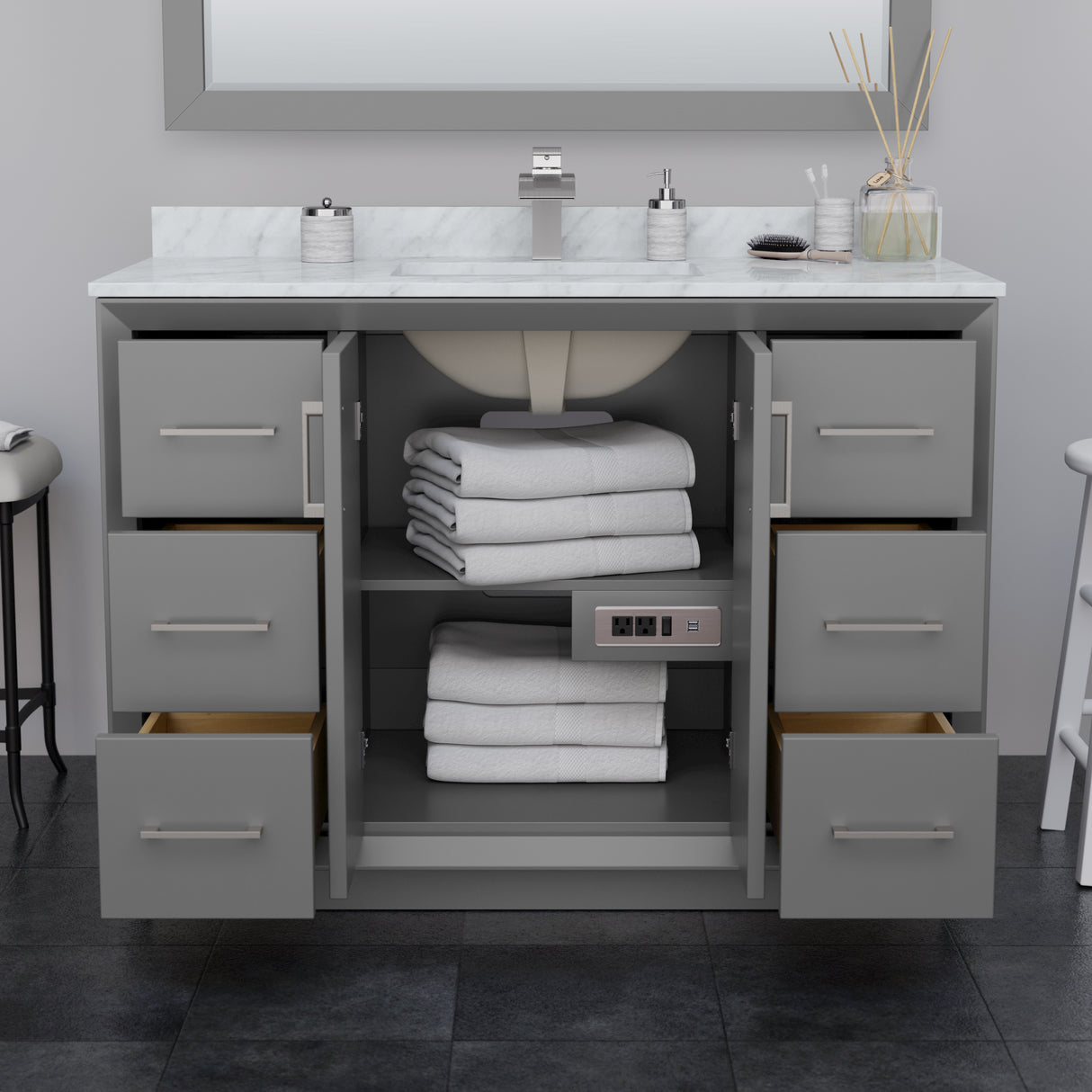 Strada 48 Inch Single Bathroom Vanity in Dark Gray White Carrara Marble Countertop Undermount Square Sink Satin Bronze Trim
