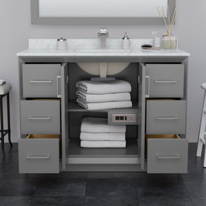 Strada 48 Inch Single Bathroom Vanity in Dark Gray Carrara Cultured Marble Countertop Undermount Square Sink Satin Bronze Trim 46 Inch Mirror
