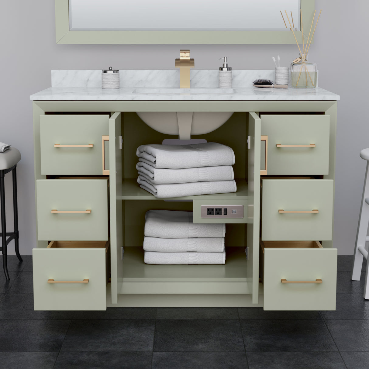 Strada 48 Inch Single Bathroom Vanity in Light Green Carrara Cultured Marble Countertop Undermount Square Sink Brushed Nickel Trim