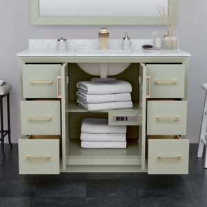 Strada 48 Inch Single Bathroom Vanity in Light Green Carrara Cultured Marble Countertop Undermount Square Sink Satin Bronze Trim 46 Inch Mirror
