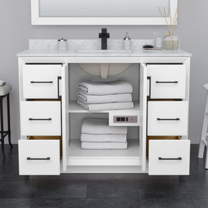 Strada 48 Inch Single Bathroom Vanity in White Carrara Cultured Marble Countertop Undermount Square Sink Satin Bronze Trim 46 Inch Mirror