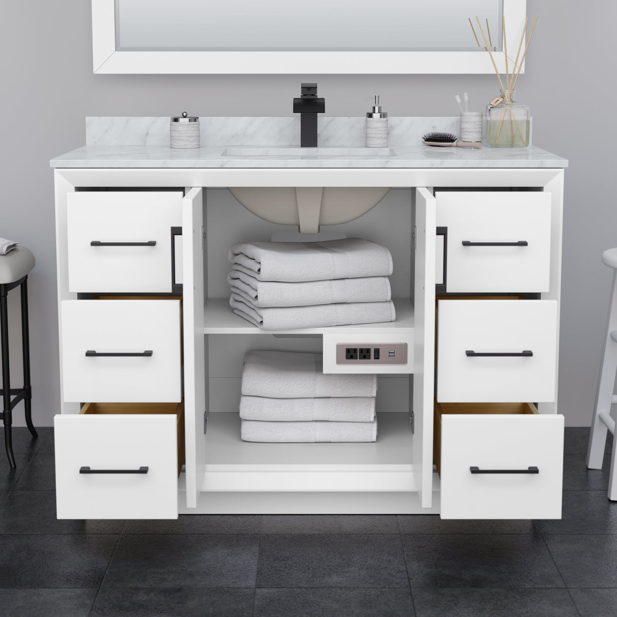 Strada 48 Inch Single Bathroom Vanity in White White Cultured Marble Countertop Undermount Square Sink Matte Black Trim