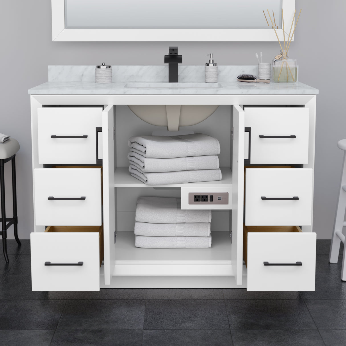 Strada 48 Inch Single Bathroom Vanity in White No Countertop No Sink Matte Black Trim 46 Inch Mirror