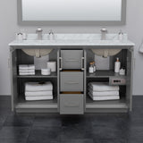 Strada 60 Inch Double Bathroom Vanity in Dark Gray White Carrara Marble Countertop Undermount Square Sink Brushed Nickel Trim 58 Inch Mirror