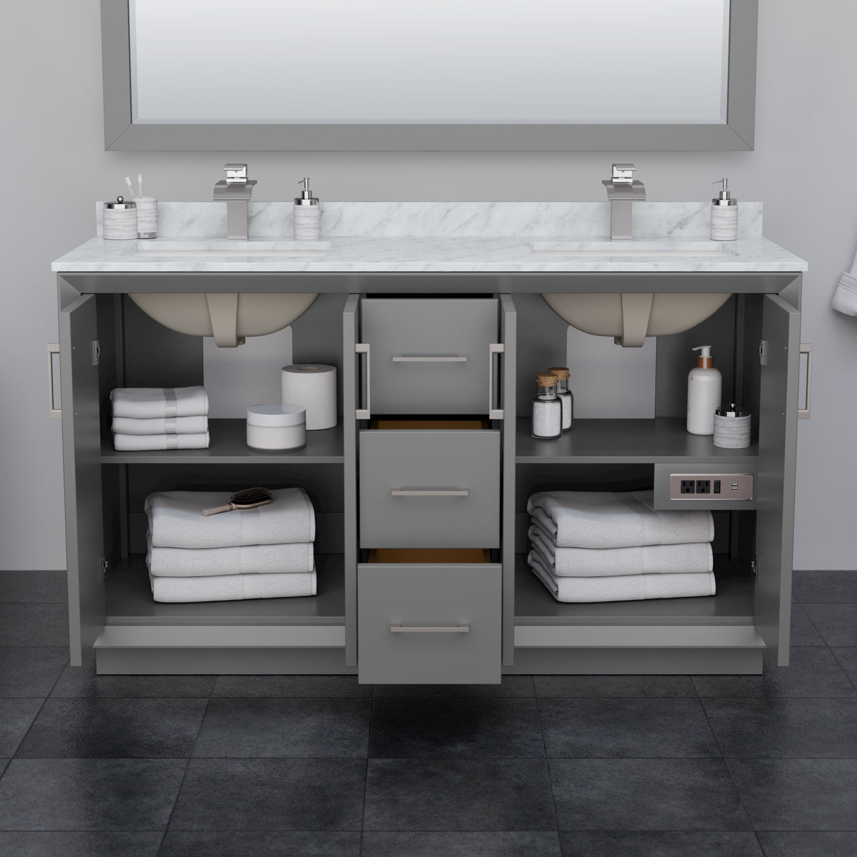 Strada 60 Inch Double Bathroom Vanity in Dark Gray Carrara Cultured Marble Countertop Undermount Square Sink Satin Bronze Trim 58 Inch Mirror