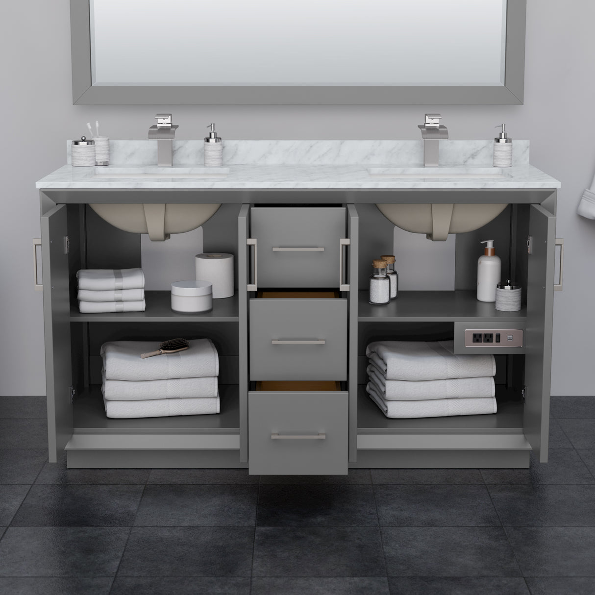 Strada 60 Inch Double Bathroom Vanity in Dark Gray White Cultured Marble Countertop Undermount Square Sink Satin Bronze Trim 58 Inch Mirror