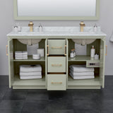 Strada 60 Inch Double Bathroom Vanity in Light Green White Carrara Marble Countertop Undermount Square Sinks Satin Bronze Trim