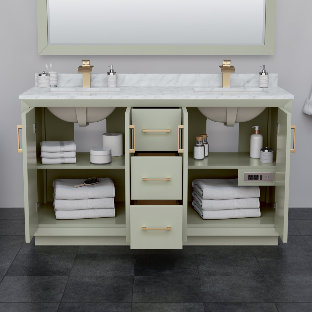 Strada 60 Inch Double Bathroom Vanity in Light Green Carrara Cultured Marble Countertop Undermount Square Sinks Brushed Nickel Trim