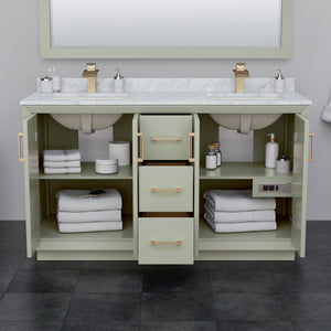 Strada 60 Inch Double Bathroom Vanity in Light Green Carrara Cultured Marble Countertop Undermount Square Sinks Satin Bronze Trim 58 Inch Mirror