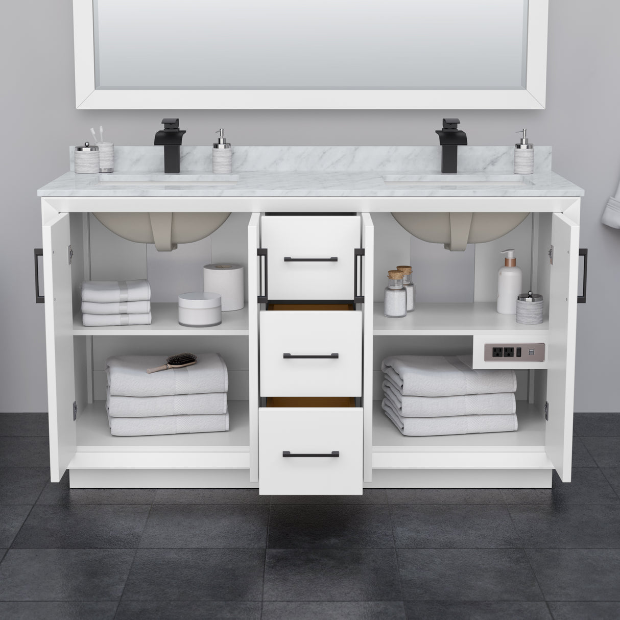 Strada 60 Inch Double Bathroom Vanity in White Carrara Cultured Marble Countertop Undermount Square Sink Matte Black Trim 58 Inch Mirror
