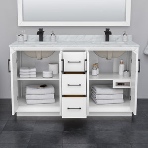 Strada 60 Inch Double Bathroom Vanity in White Carrara Cultured Marble Countertop Undermount Square Sink Matte Black Trim 58 Inch Mirror