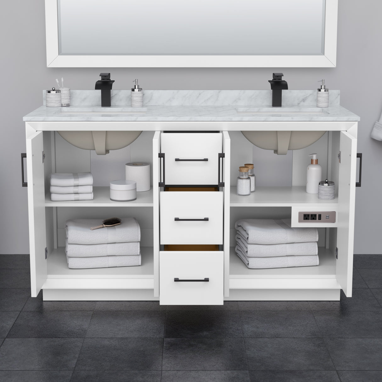 Strada 60 Inch Double Bathroom Vanity in White Carrara Cultured Marble Countertop Undermount Square Sink Brushed Nickel Trim 58 Inch Mirror