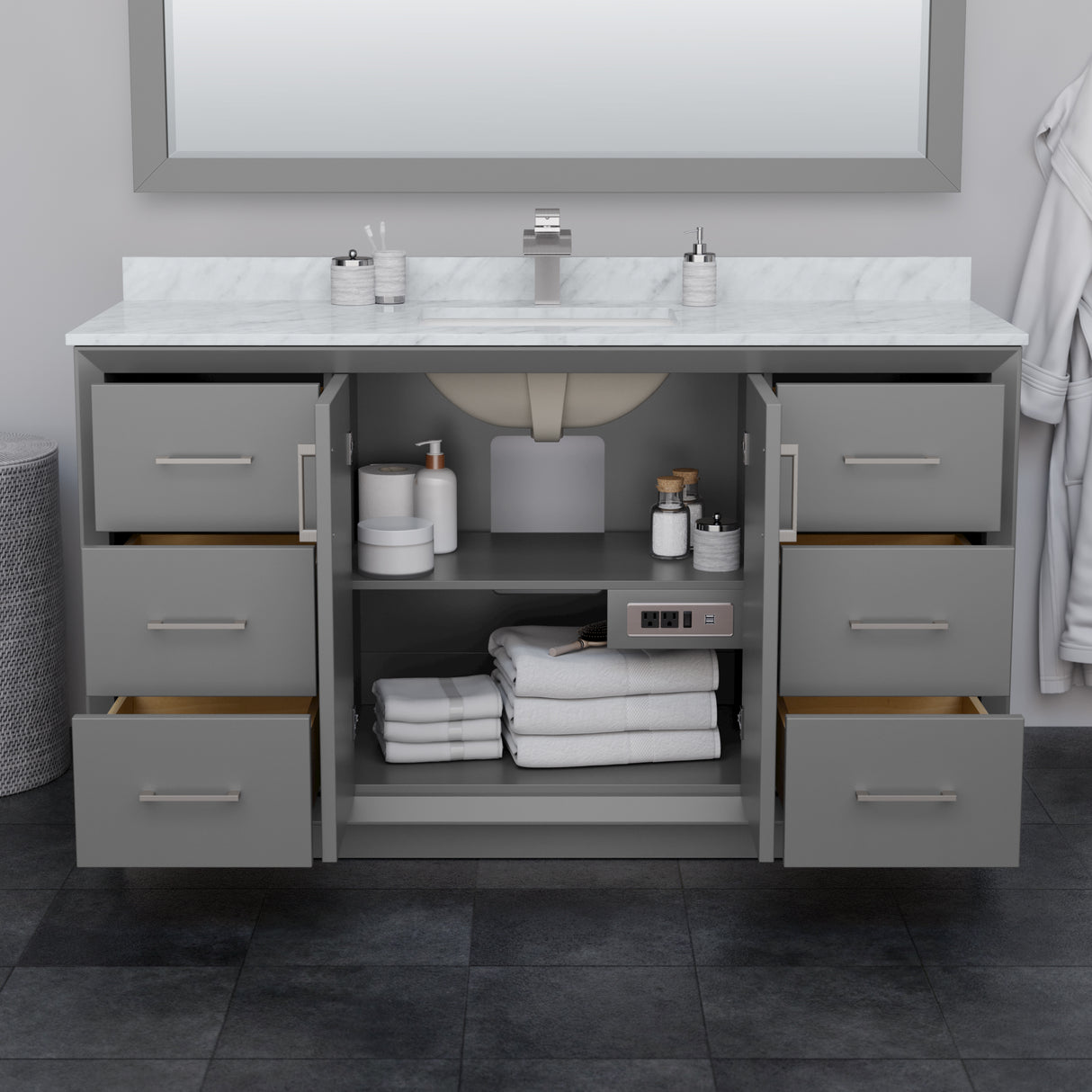 Strada 60 Inch Single Bathroom Vanity in Dark Gray White Cultured Marble Countertop Undermount Square Sink Satin Bronze Trim