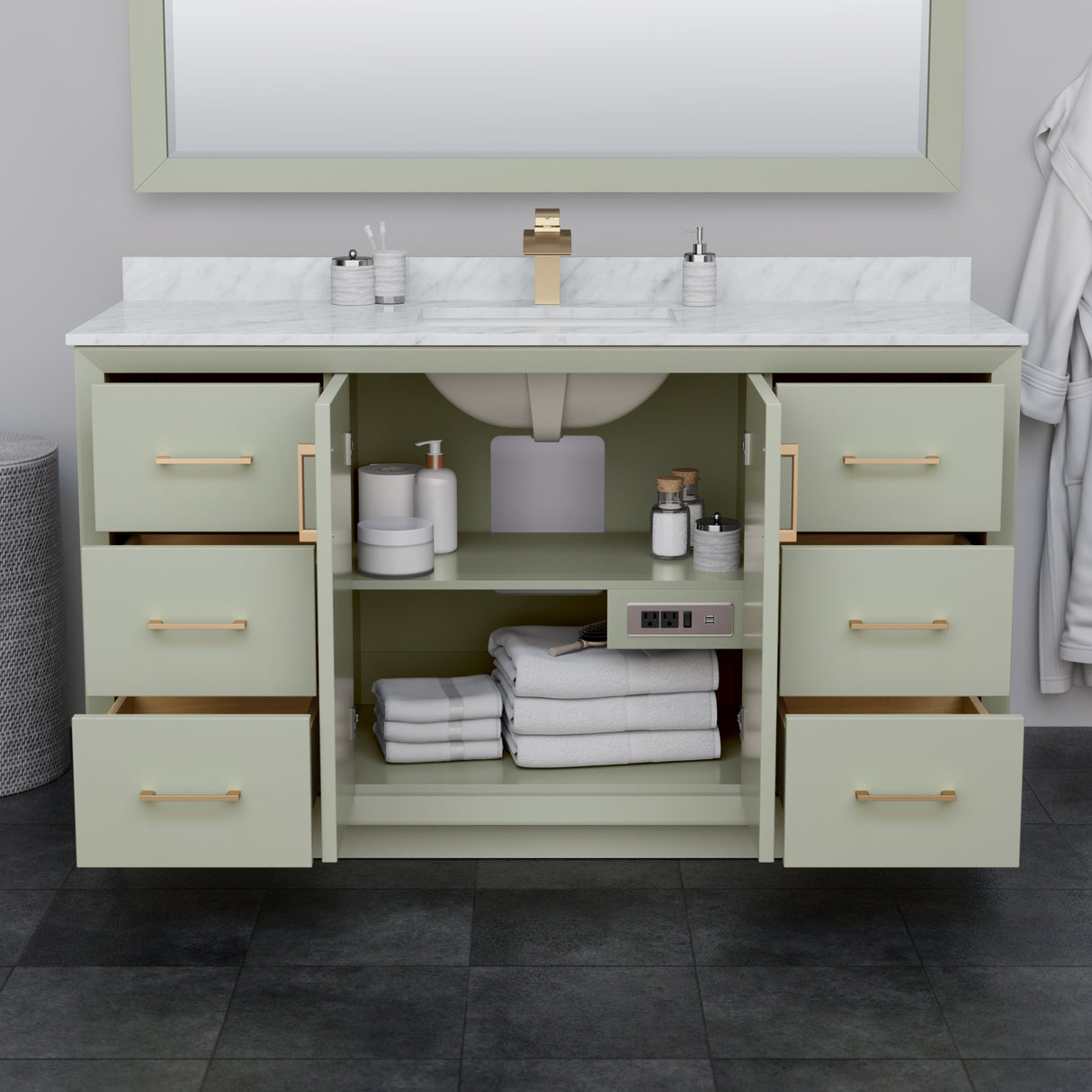Strada 60 Inch Single Bathroom Vanity in Light Green No Countertop No Sink Matte Black Trim 58 Inch Mirror