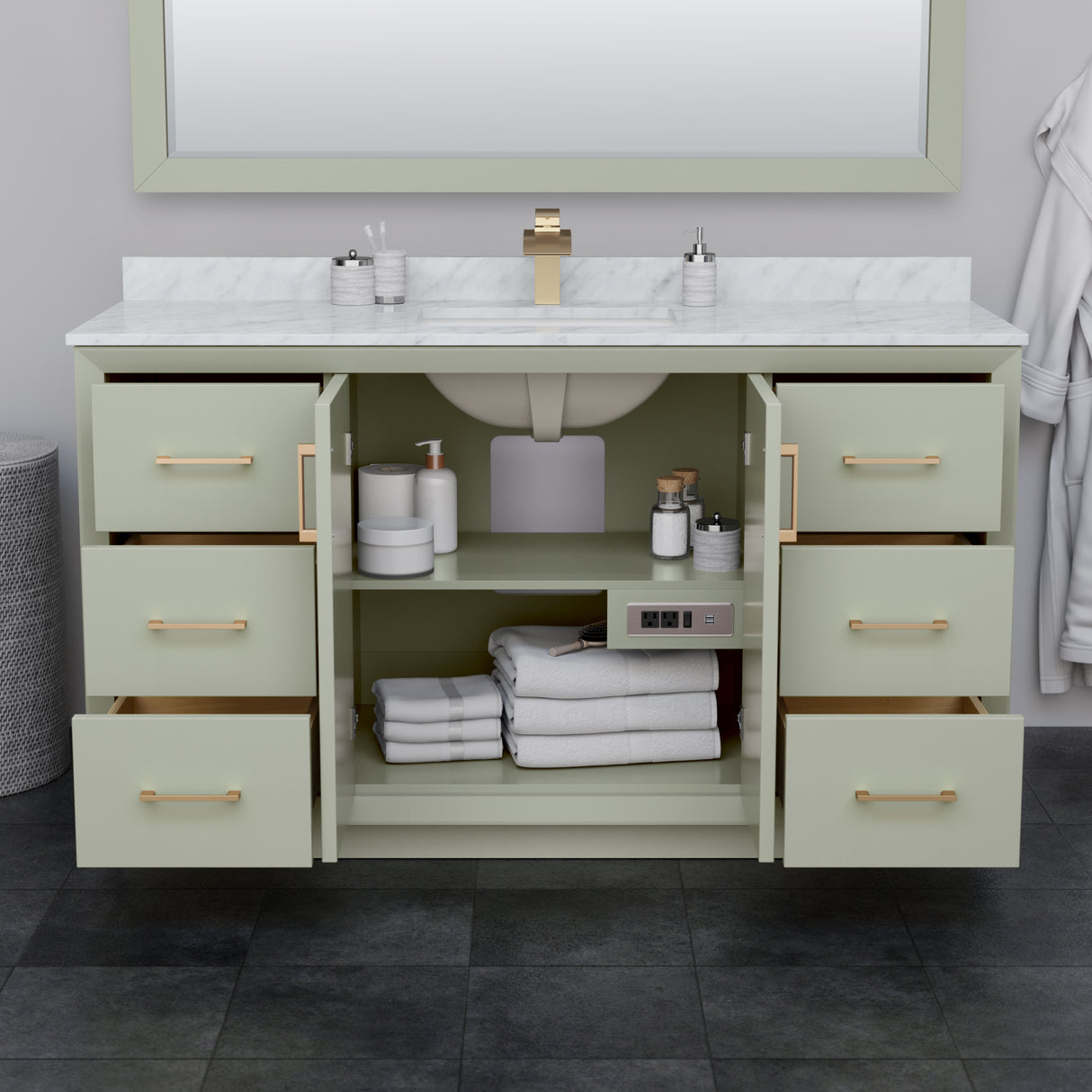 Strada 60 Inch Single Bathroom Vanity in Light Green White Cultured Marble Countertop Undermount Square Sink Brushed Nickel Trim 58 Inch Mirror