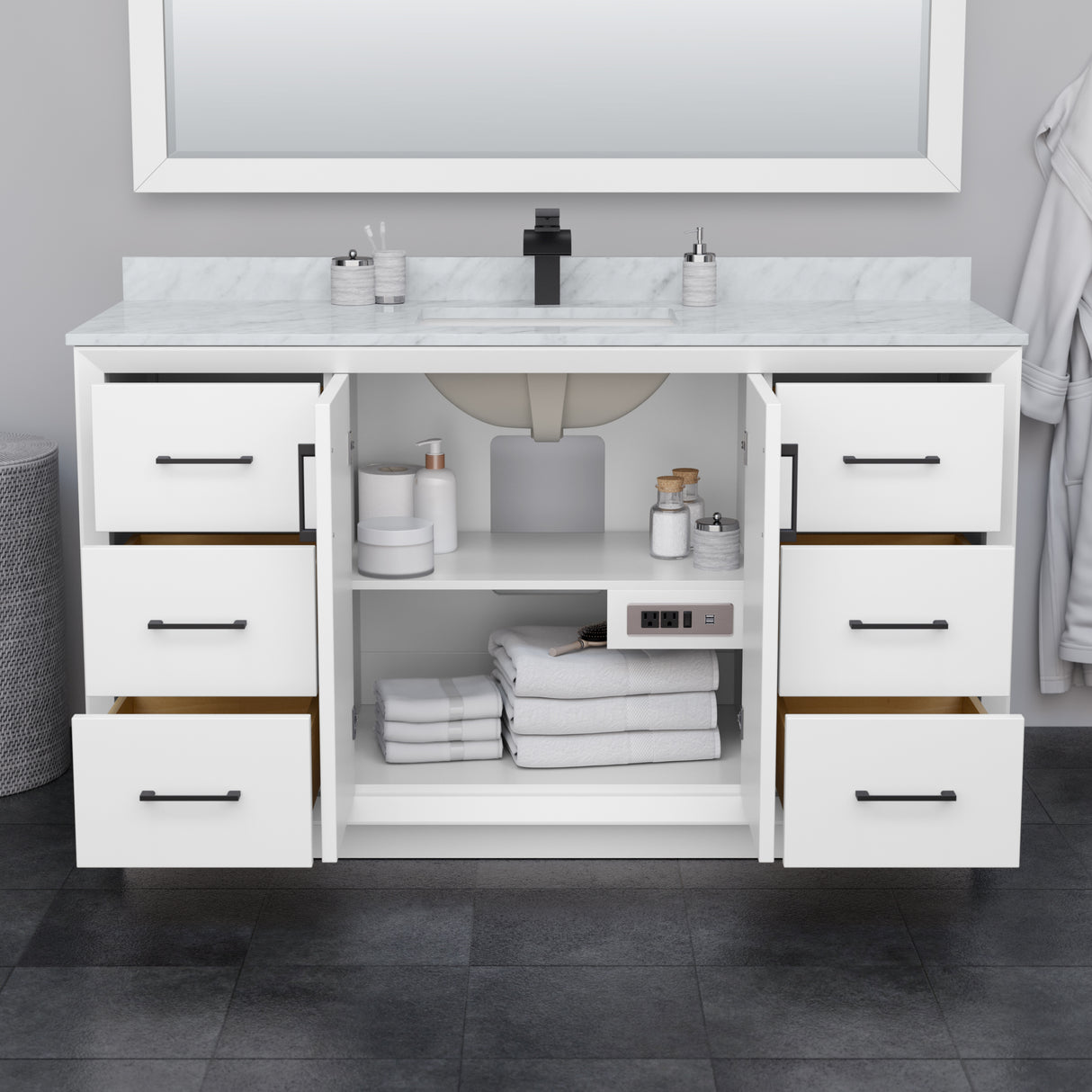 Strada 60 Inch Single Bathroom Vanity in White Carrara Cultured Marble Countertop Undermount Square Sink Matte Black Trim 58 Inch Mirror