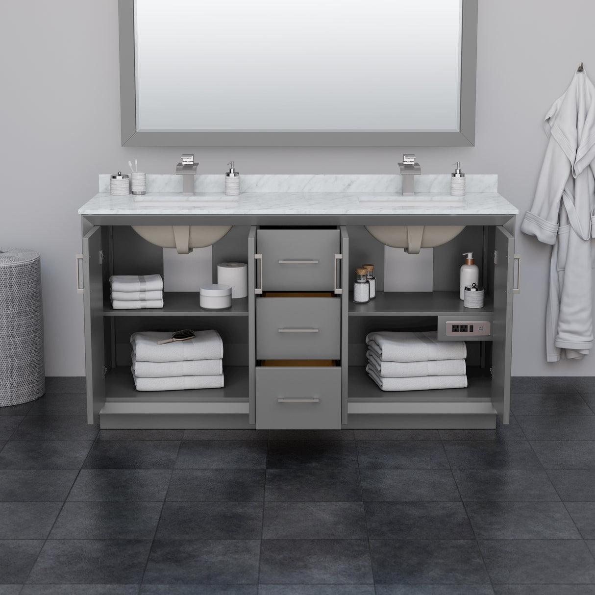 Strada 66 Inch Double Bathroom Vanity in Dark Gray White Cultured Marble Countertop Undermount Square Sink Brushed Nickel Trim 58 Inch Mirror