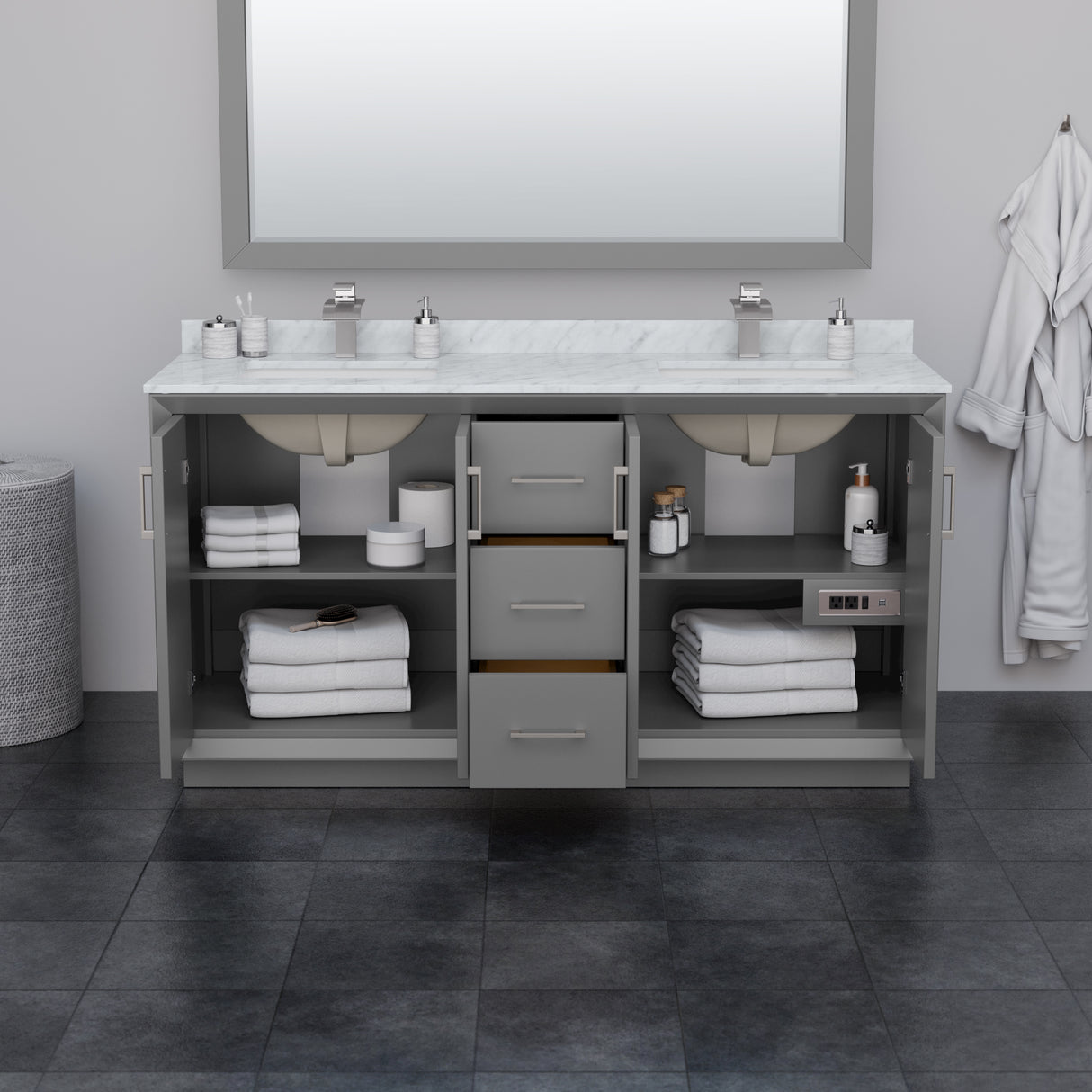Strada 66 Inch Double Bathroom Vanity in Dark Gray White Carrara Marble Countertop Undermount Square Sink Satin Bronze Trim 58 Inch Mirror