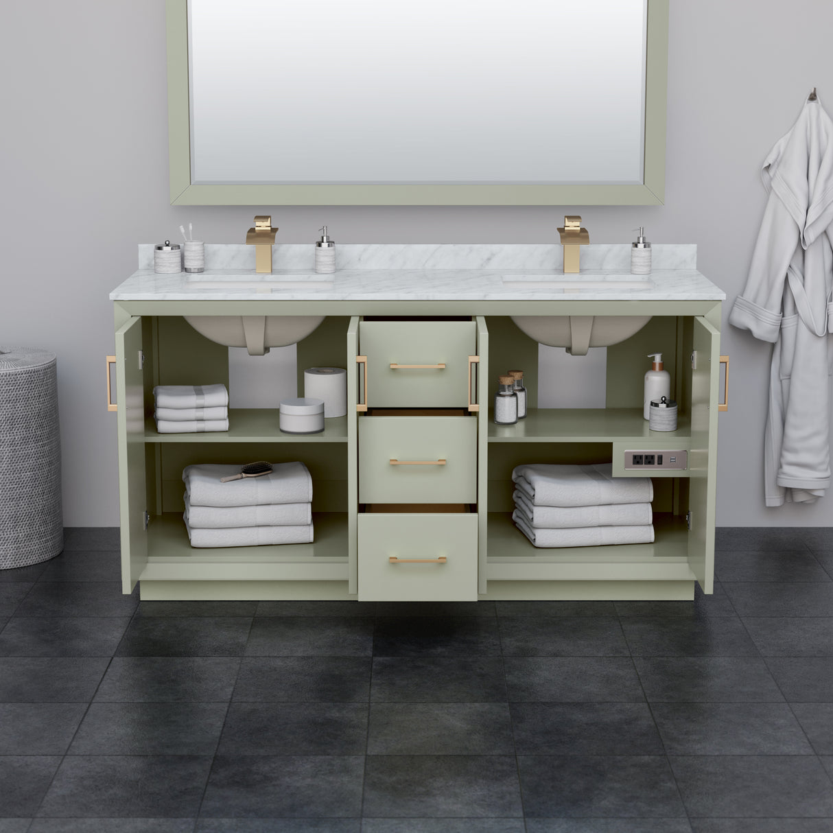 Strada 66 Inch Double Bathroom Vanity in Light Green Carrara Cultured Marble Countertop Undermount Square Sinks Satin Bronze Trim 58 Inch Mirror
