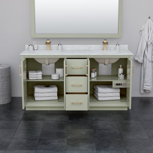 Strada 66 Inch Double Bathroom Vanity in Light Green White Carrara Marble Countertop Undermount Square Sinks Brushed Nickel Trim 58 Inch Mirror
