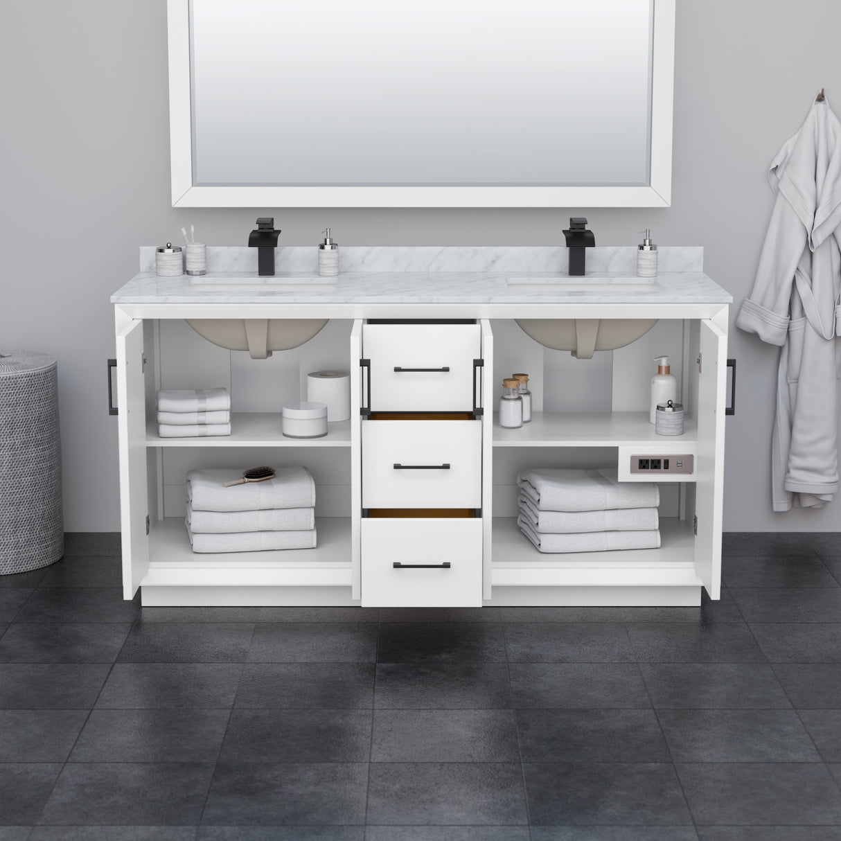 Strada 66 Inch Double Bathroom Vanity in White White Carrara Marble Countertop Undermount Square Sink Satin Bronze Trim 58 Inch Mirror