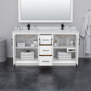 Strada 66 Inch Double Bathroom Vanity in White Carrara Cultured Marble Countertop Undermount Square Sink Satin Bronze Trim 58 Inch Mirror