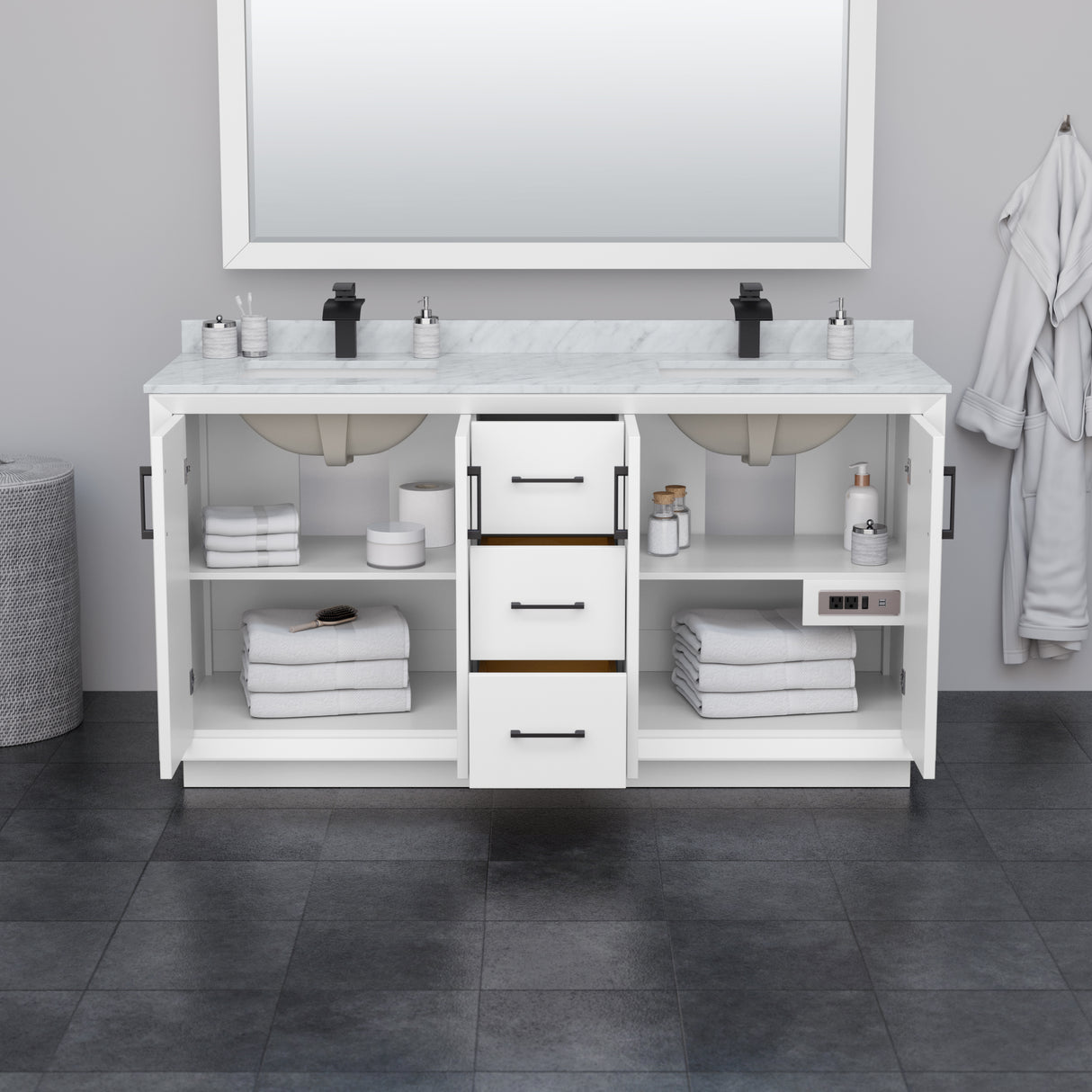 Strada 66 Inch Double Bathroom Vanity in White Carrara Cultured Marble Countertop Undermount Square Sink Matte Black Trim