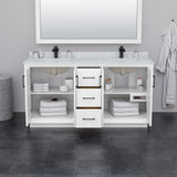 Strada 66 Inch Double Bathroom Vanity in White No Countertop No Sink Satin Bronze Trim 58 Inch Mirror