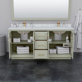 Strada 72 Inch Double Bathroom Vanity in Light Green White Carrara Marble Countertop Undermount Square Sinks Satin Bronze Trim