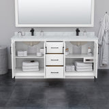 Strada 72 Inch Double Bathroom Vanity in White Carrara Cultured Marble Countertop Undermount Square Sink Satin Bronze Trim