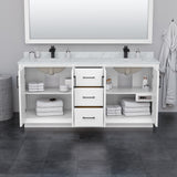Strada 72 Inch Double Bathroom Vanity in White White Carrara Marble Countertop Undermount Square Sink Satin Bronze Trim 70 Inch Mirror