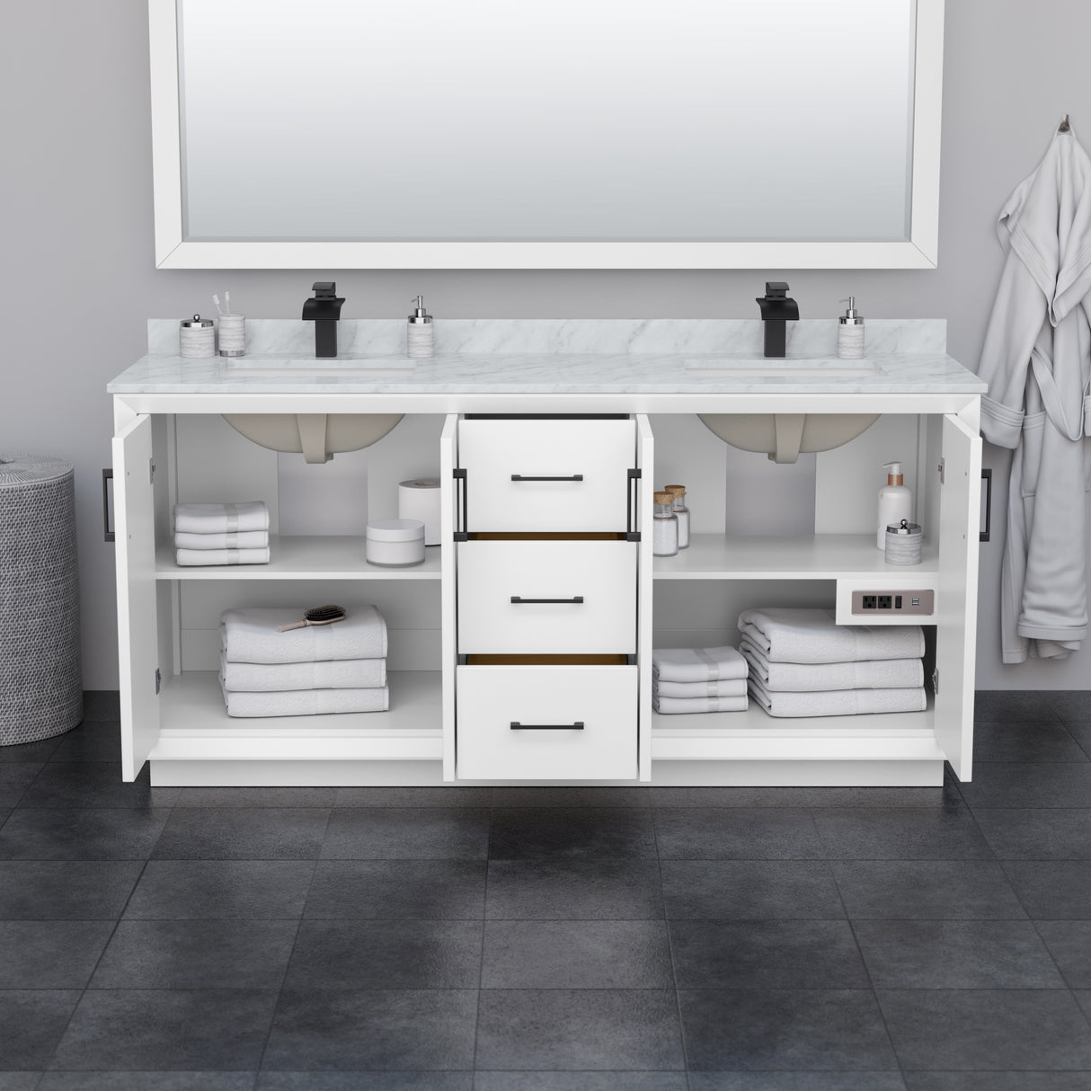 Strada 72 Inch Double Bathroom Vanity in White Carrara Cultured Marble Countertop Undermount Square Sink Satin Bronze Trim 70 Inch Mirror