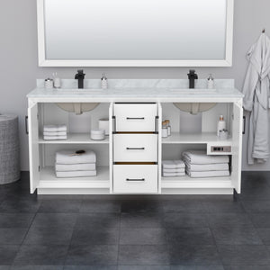 Strada 72 Inch Double Bathroom Vanity in White Carrara Cultured Marble Countertop Undermount Square Sink Satin Bronze Trim 70 Inch Mirror