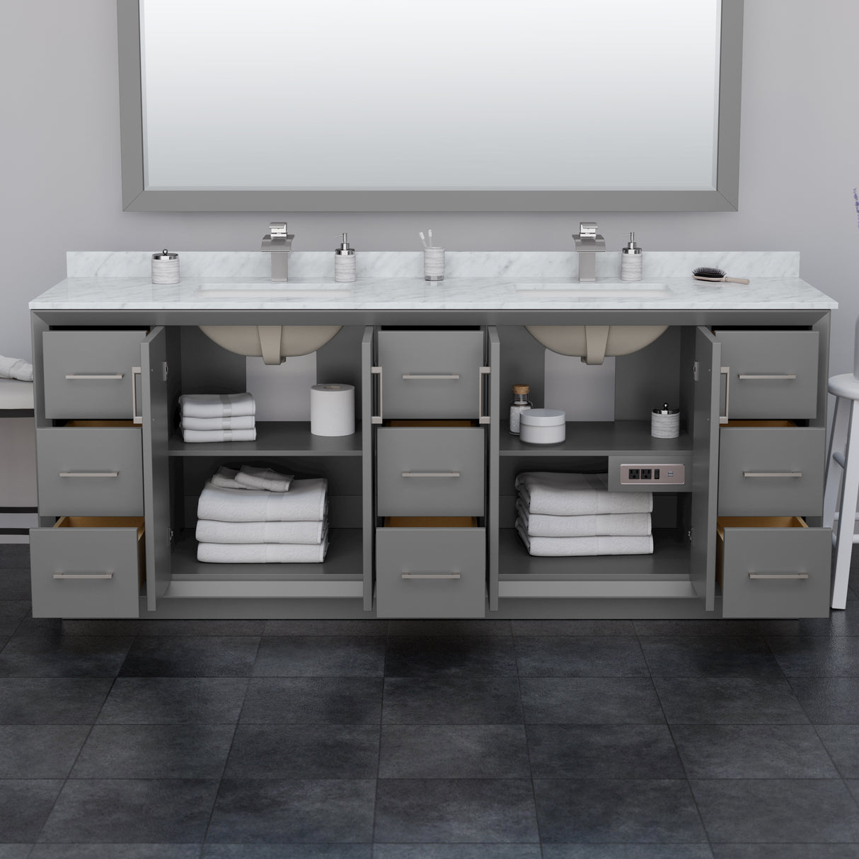 Strada 84 Inch Double Bathroom Vanity in Dark Gray No Countertop No Sink Satin Bronze Trim