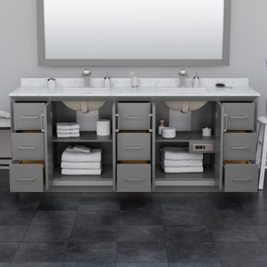 Strada 84 Inch Double Bathroom Vanity in Dark Gray Carrara Cultured Marble Countertop Undermount Square Sink Brushed Nickel Trim 70 Inch Mirror