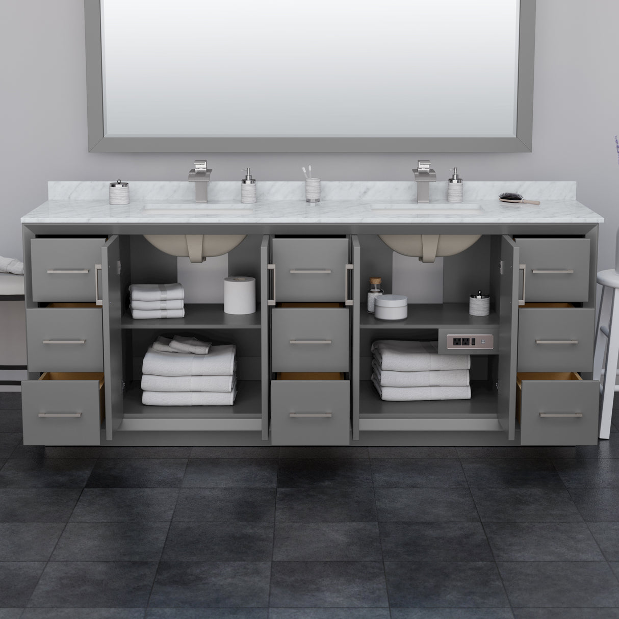 Strada 84 Inch Double Bathroom Vanity in Dark Gray Carrara Cultured Marble Countertop Undermount Square Sink Satin Bronze Trim 70 Inch Mirror