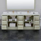 Strada 84 Inch Double Bathroom Vanity in Light Green No Countertop No Sink Satin Bronze Trim 70 Inch Mirror