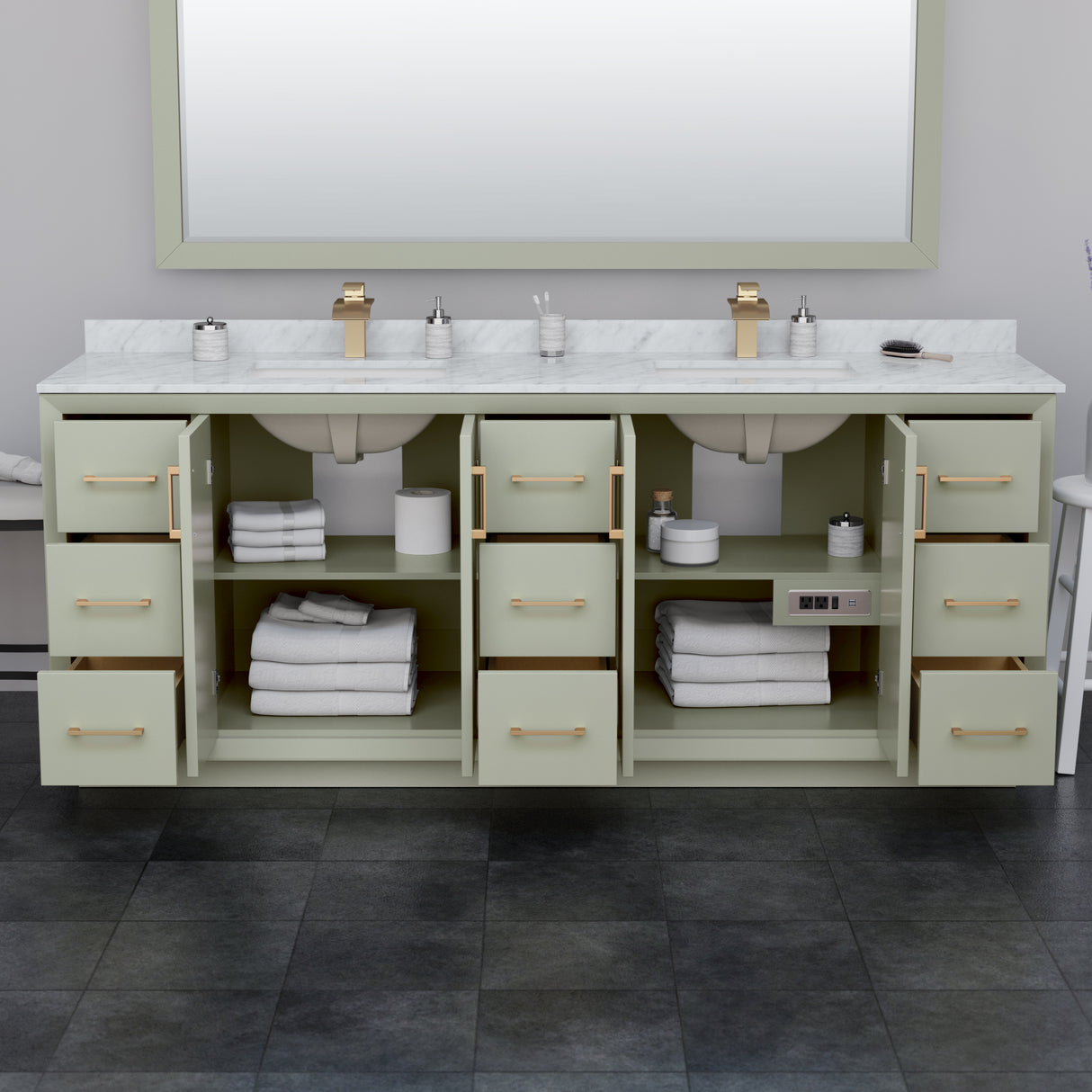 Strada 84 Inch Double Bathroom Vanity in Light Green Carrara Cultured Marble Countertop Undermount Square Sinks Matte Black Trim 70 Inch Mirror