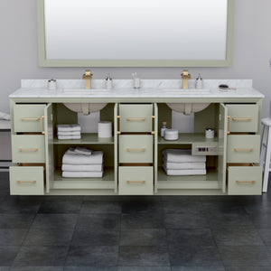 Strada 84 Inch Double Bathroom Vanity in Light Green Carrara Cultured Marble Countertop Undermount Square Sinks Matte Black Trim 70 Inch Mirror