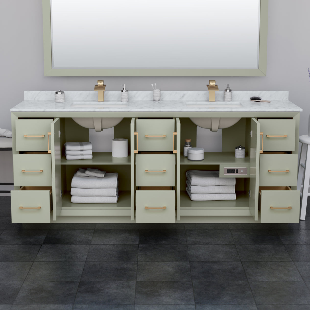 Strada 84 Inch Double Bathroom Vanity in Light Green White Carrara Marble Countertop Undermount Square Sinks Matte Black Trim